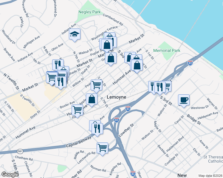 map of restaurants, bars, coffee shops, grocery stores, and more near 529 Peach Street in Lemoyne