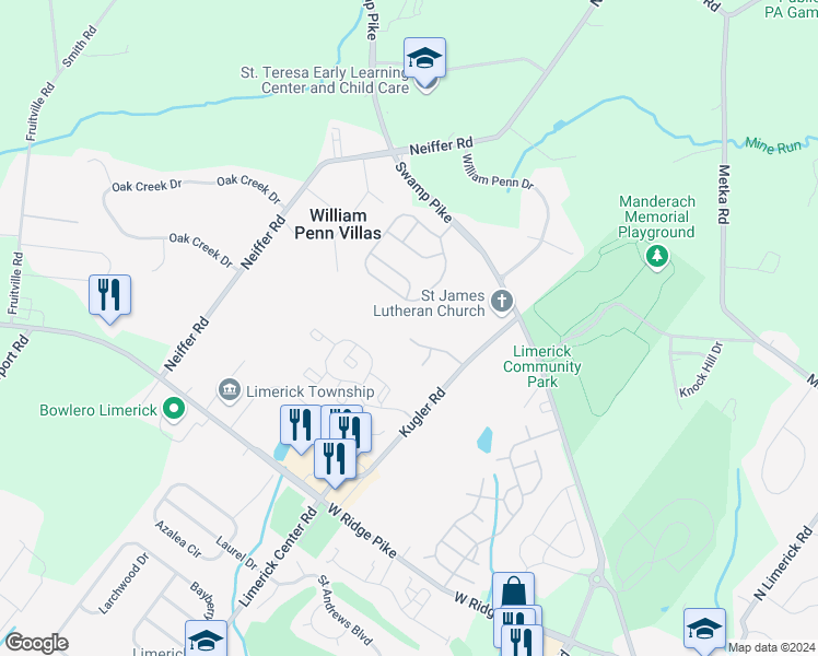 map of restaurants, bars, coffee shops, grocery stores, and more near 480 Deer Run Court in Royersford