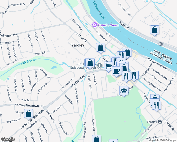 map of restaurants, bars, coffee shops, grocery stores, and more near 90 Pennsylvania 332 in Yardley
