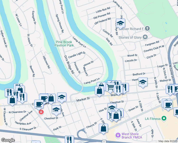 map of restaurants, bars, coffee shops, grocery stores, and more near 3814 Conestoga Rd in Camp Hill