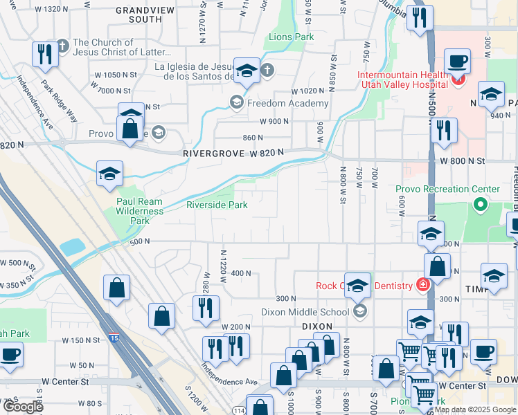 map of restaurants, bars, coffee shops, grocery stores, and more near 613 1100 West in Provo