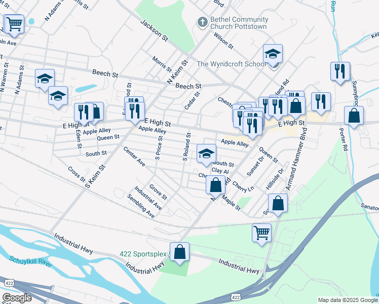map of restaurants, bars, coffee shops, grocery stores, and more near 68 South Roland Street in Pottstown
