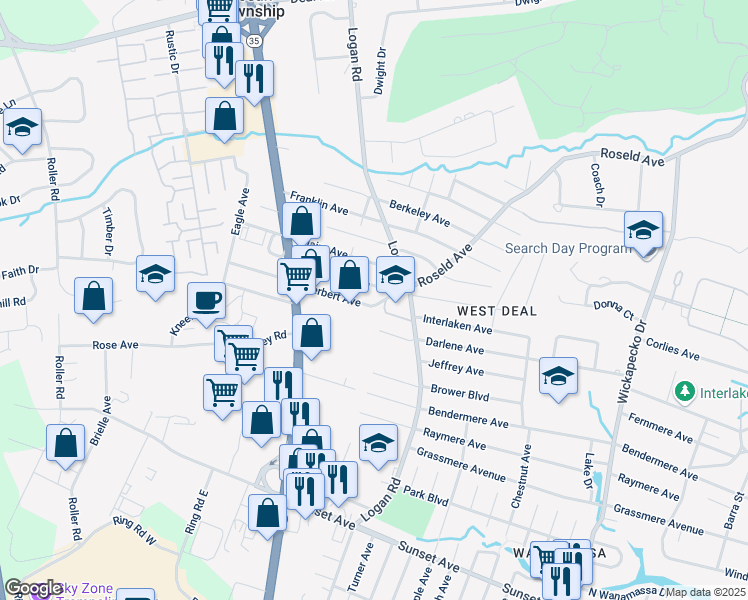map of restaurants, bars, coffee shops, grocery stores, and more near 1205 Roseld Avenue in Wanamassa