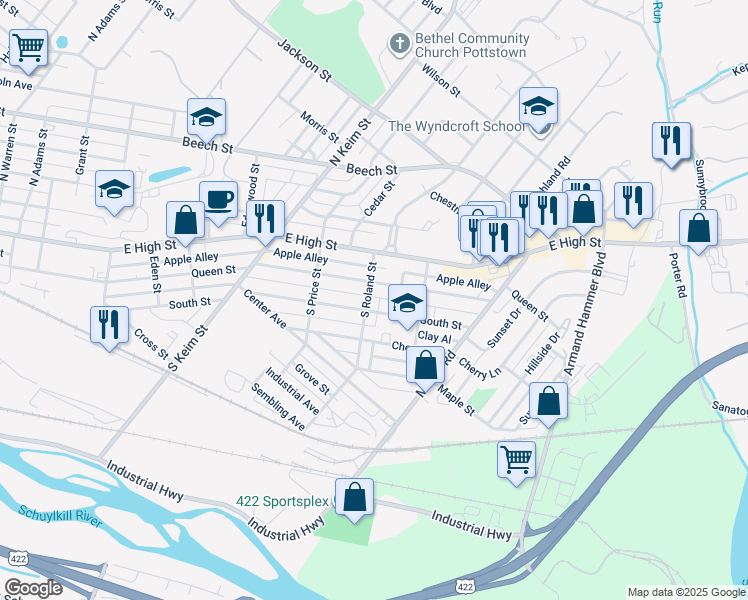 map of restaurants, bars, coffee shops, grocery stores, and more near 68 South Roland Street in Pottstown