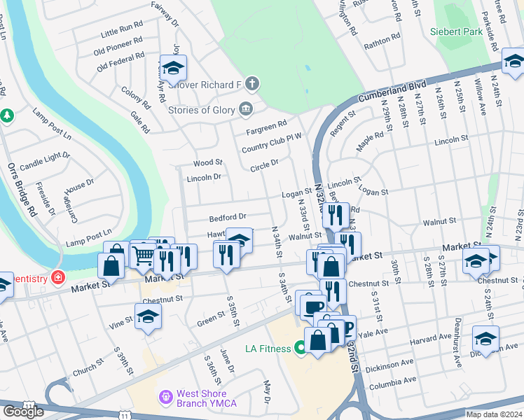 map of restaurants, bars, coffee shops, grocery stores, and more near 3404 Bedford Drive in Camp Hill