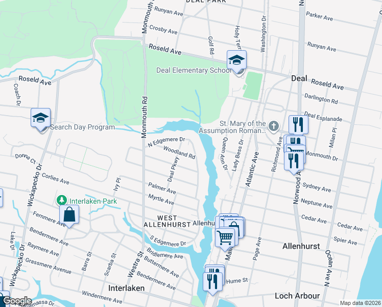 map of restaurants, bars, coffee shops, grocery stores, and more near 506 Woodland Road in Allenhurst