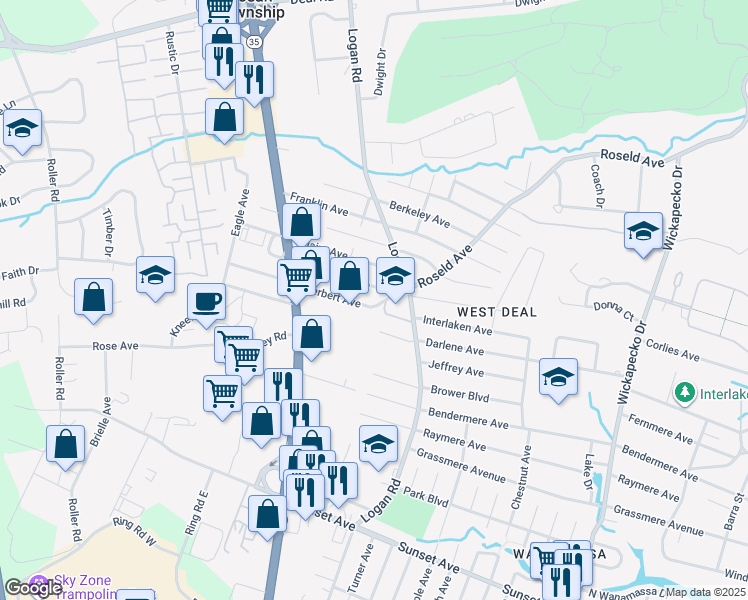 map of restaurants, bars, coffee shops, grocery stores, and more near 1205 Roseld Avenue in Wanamassa