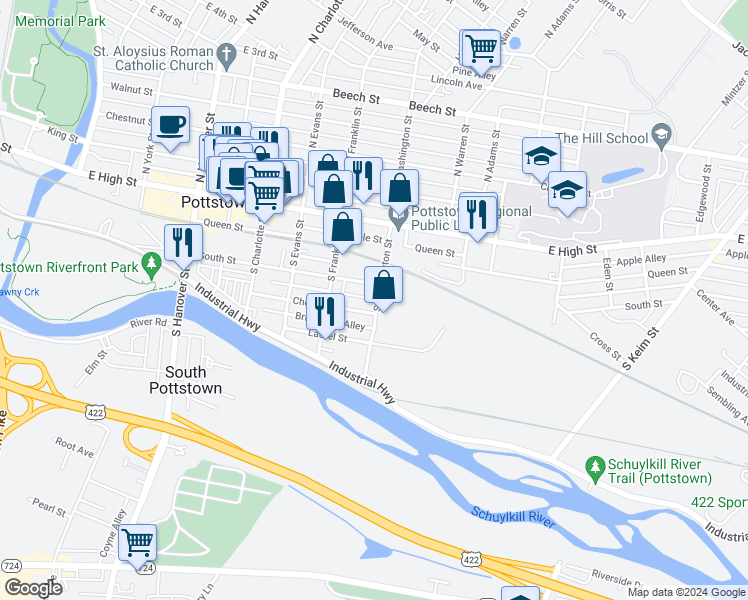 map of restaurants, bars, coffee shops, grocery stores, and more near 119 South Washington Street in Pottstown