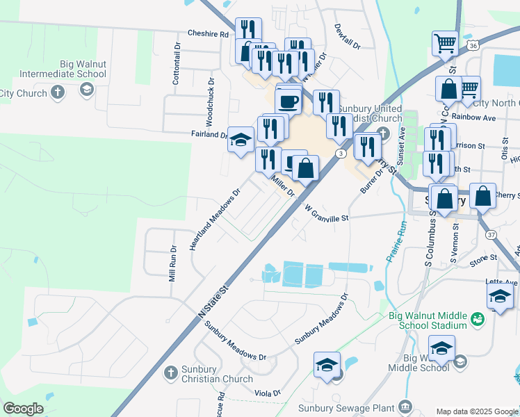 map of restaurants, bars, coffee shops, grocery stores, and more near 502 Milldam Drive in Sunbury