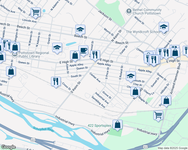 map of restaurants, bars, coffee shops, grocery stores, and more near 1034 South Street in Pottstown