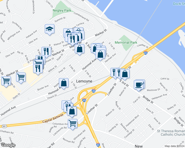 map of restaurants, bars, coffee shops, grocery stores, and more near 430 Herman Avenue in Lemoyne