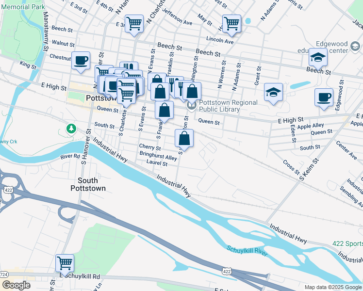 map of restaurants, bars, coffee shops, grocery stores, and more near 115 South Washington Street in Pottstown