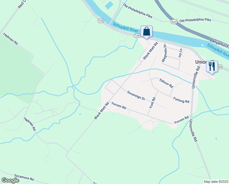 map of restaurants, bars, coffee shops, grocery stores, and more near 5 King Street in Douglassville