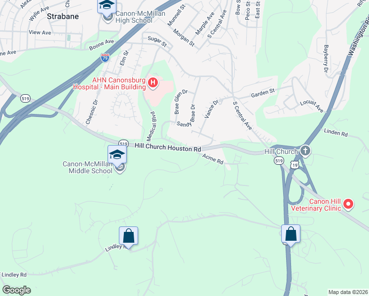 map of restaurants, bars, coffee shops, grocery stores, and more near 2148 Pennsylvania 519 in Canonsburg