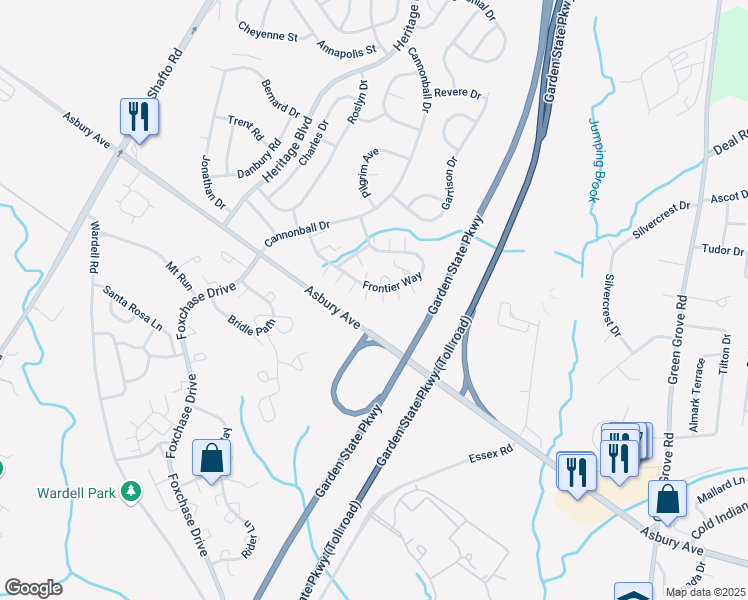 map of restaurants, bars, coffee shops, grocery stores, and more near 48 Frontier Way in Tinton Falls