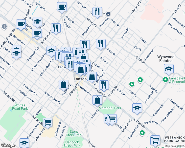 map of restaurants, bars, coffee shops, grocery stores, and more near 20 East 3rd Street in Lansdale