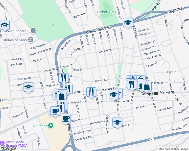 map of restaurants, bars, coffee shops, grocery stores, and more near 119 North 28th Street in Camp Hill
