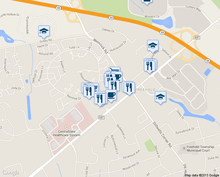 map of restaurants, bars, coffee shops, grocery stores, and more near 350 Mounts Corner Drive in Freehold Township