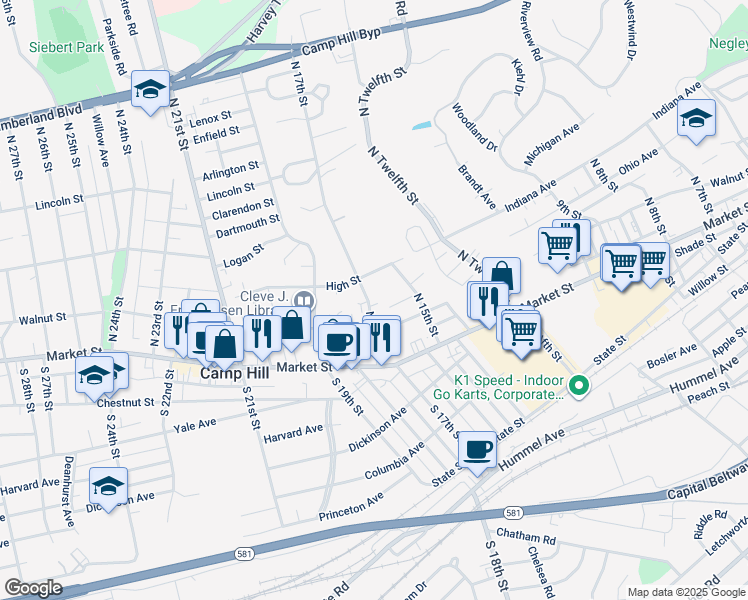 map of restaurants, bars, coffee shops, grocery stores, and more near 125 North 17th Street in Camp Hill