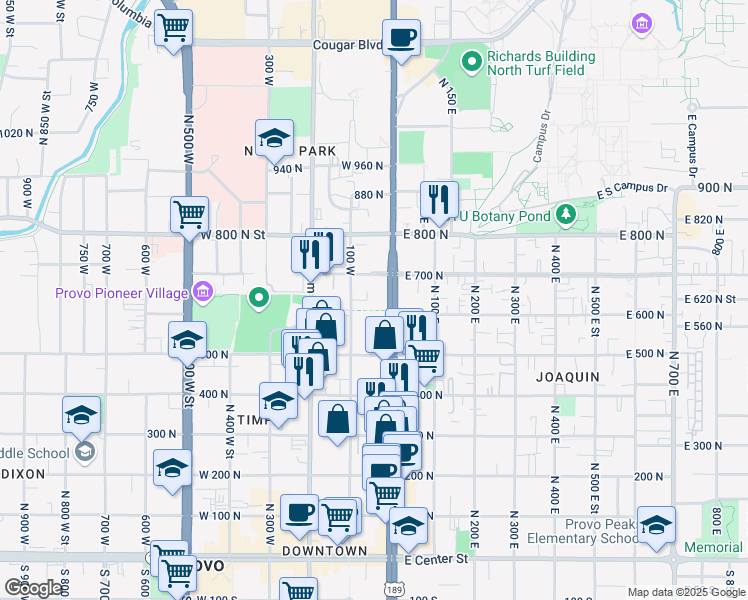map of restaurants, bars, coffee shops, grocery stores, and more near 620 100 West in Provo