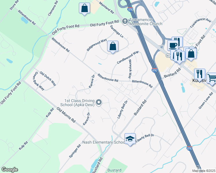 map of restaurants, bars, coffee shops, grocery stores, and more near 405 Heritage Drive in Harleysville