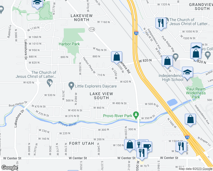 map of restaurants, bars, coffee shops, grocery stores, and more near 2341 West 610 North in Provo