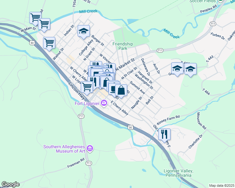 map of restaurants, bars, coffee shops, grocery stores, and more near 212 East Main Street in Ligonier