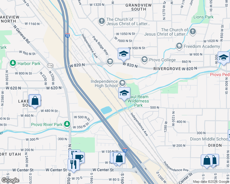 map of restaurants, bars, coffee shops, grocery stores, and more near 723 Independence Avenue in Provo