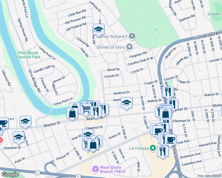 map of restaurants, bars, coffee shops, grocery stores, and more near 3535 Logan Street in Camp Hill