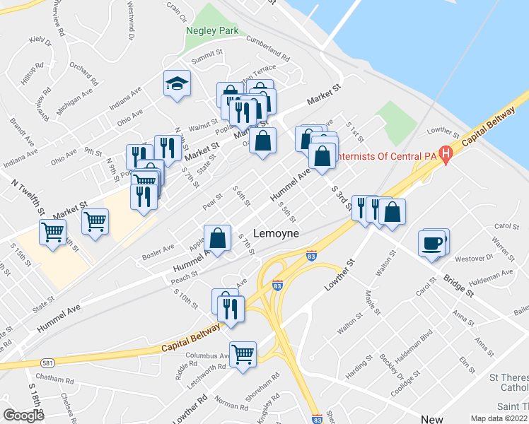 map of restaurants, bars, coffee shops, grocery stores, and more near 530 Hummel Avenue in Lemoyne