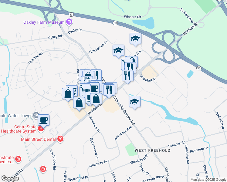 map of restaurants, bars, coffee shops, grocery stores, and more near 395 West Main Street in Freehold