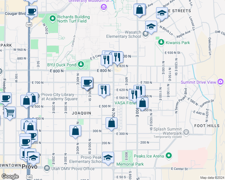 map of restaurants, bars, coffee shops, grocery stores, and more near 614 700 East in Provo