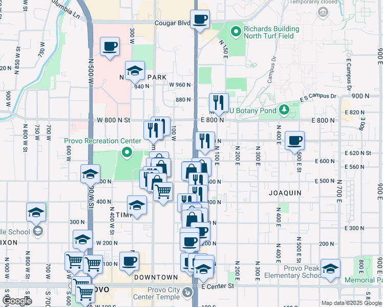 map of restaurants, bars, coffee shops, grocery stores, and more near 624 North University Avenue in Provo