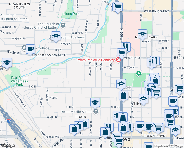 map of restaurants, bars, coffee shops, grocery stores, and more near 630 North 800 West Street in Provo