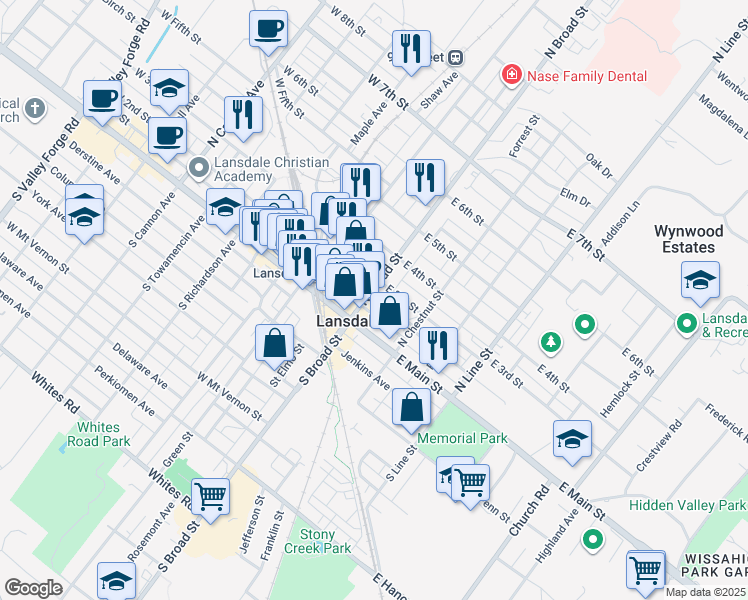 map of restaurants, bars, coffee shops, grocery stores, and more near 24 East 3rd Street in Lansdale