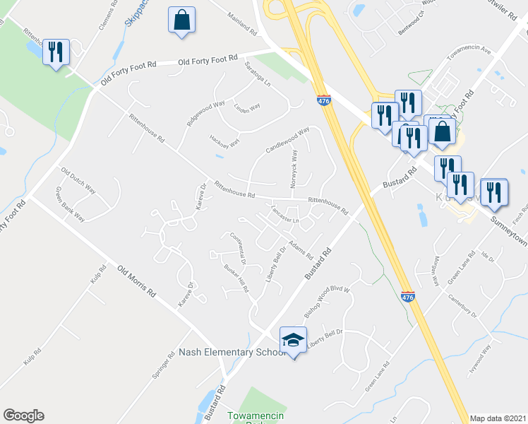map of restaurants, bars, coffee shops, grocery stores, and more near 208 Heritage Drive in Harleysville