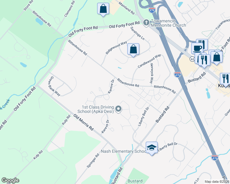 map of restaurants, bars, coffee shops, grocery stores, and more near 423 Cedartop Court in Harleysville
