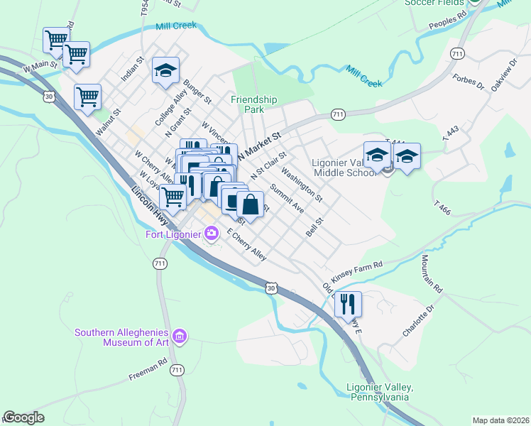 map of restaurants, bars, coffee shops, grocery stores, and more near 233 East Church Street in Ligonier