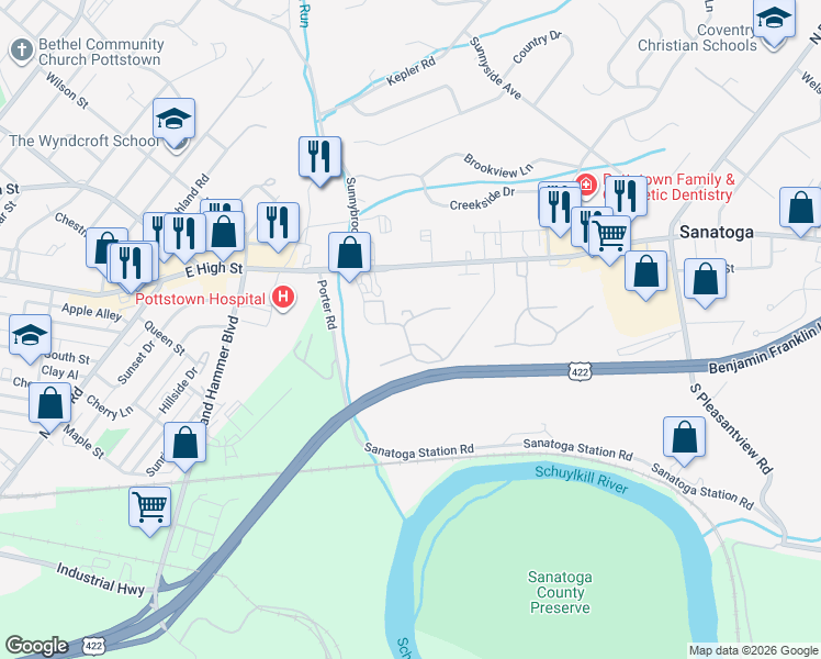 map of restaurants, bars, coffee shops, grocery stores, and more near 418 Dogwood Court in Pottstown