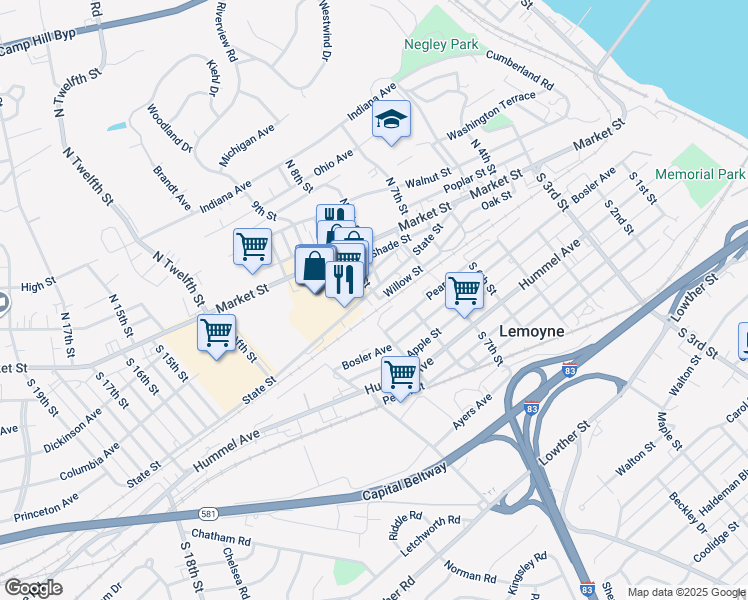 map of restaurants, bars, coffee shops, grocery stores, and more near 840 State Street in Lemoyne