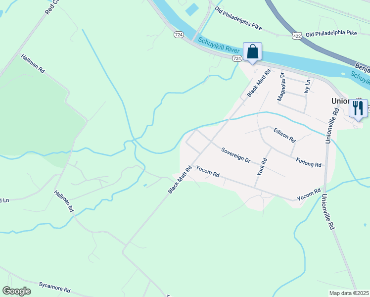 map of restaurants, bars, coffee shops, grocery stores, and more near 18 King Street in Douglassville