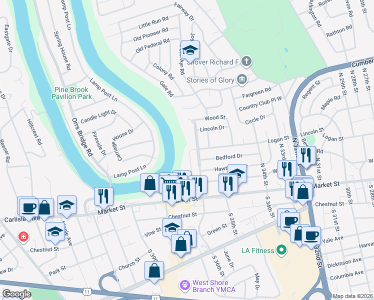 map of restaurants, bars, coffee shops, grocery stores, and more near 3600 Logan Court in Camp Hill