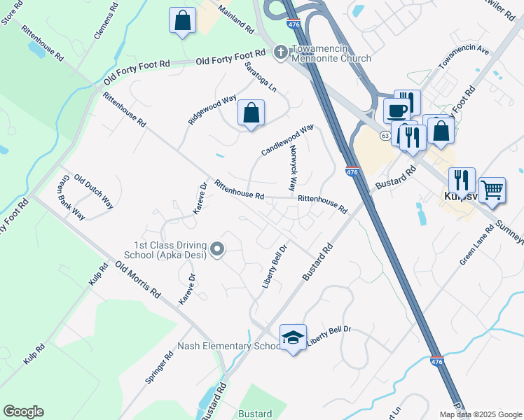 map of restaurants, bars, coffee shops, grocery stores, and more near 109 Newport Court in Harleysville