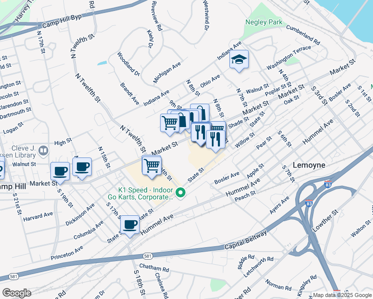 map of restaurants, bars, coffee shops, grocery stores, and more near 1004 Market Street in Camp Hill