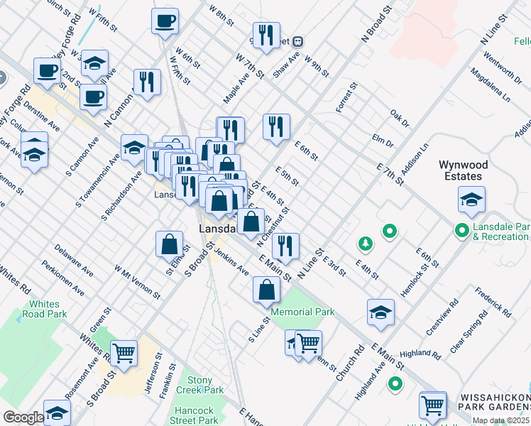 map of restaurants, bars, coffee shops, grocery stores, and more near 33 East 3rd Street in Lansdale