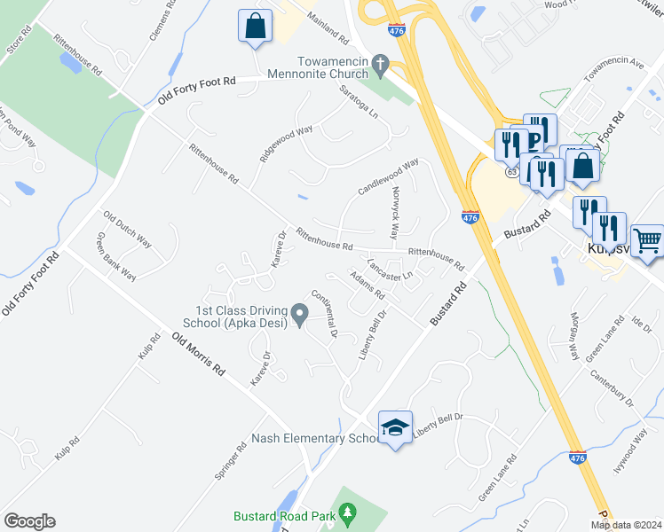 map of restaurants, bars, coffee shops, grocery stores, and more near 402 Heritage Drive in Harleysville