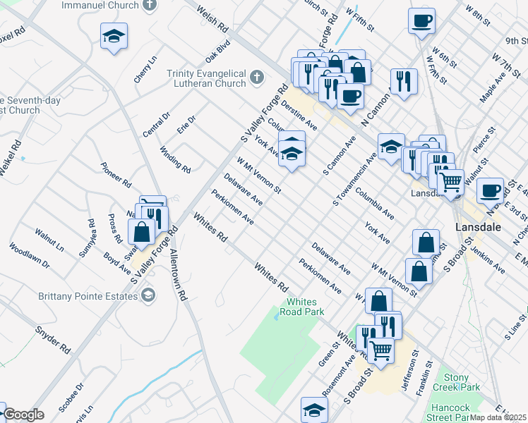 map of restaurants, bars, coffee shops, grocery stores, and more near 638 Delaware Avenue in Lansdale