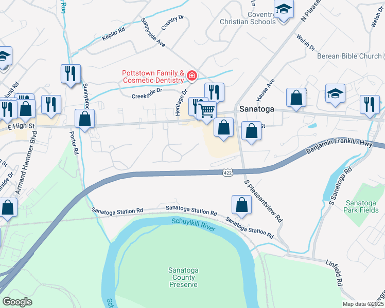 map of restaurants, bars, coffee shops, grocery stores, and more near 314 Oaktree Ct in Pottstown