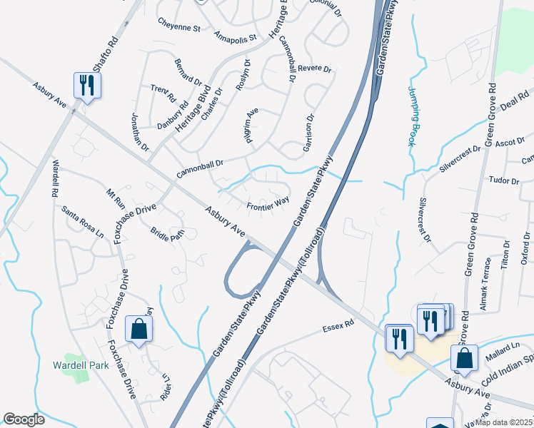 map of restaurants, bars, coffee shops, grocery stores, and more near 48 Frontier Way in Tinton Falls