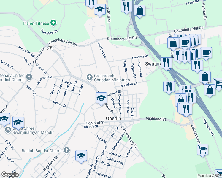 map of restaurants, bars, coffee shops, grocery stores, and more near 1315 Pieffers Lane in Steelton